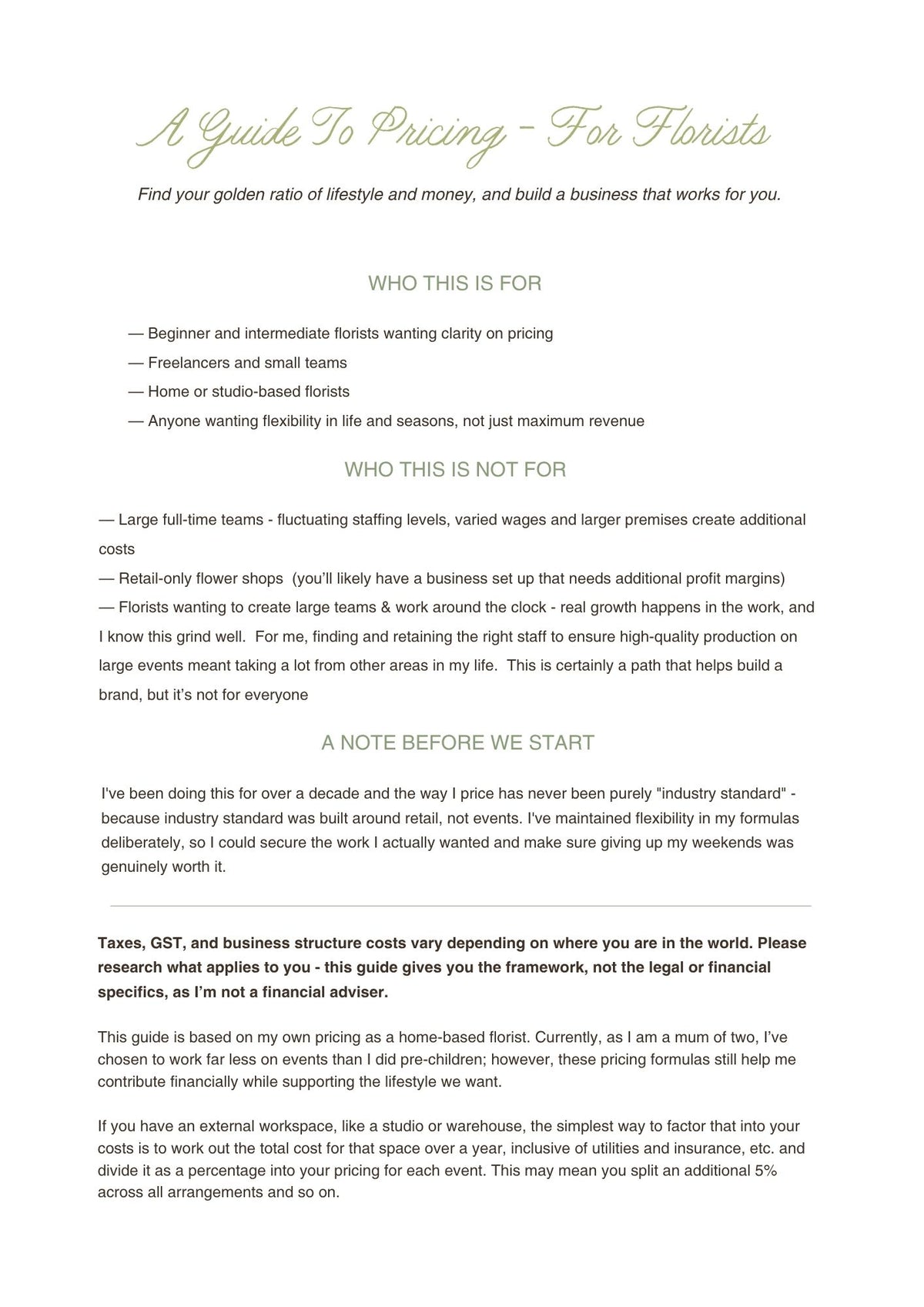 A text-based guide titled 'A Guide To Pricing - For Florists' with headings, bullet points, and a note before starting, shown in black and olive green text on a white background.