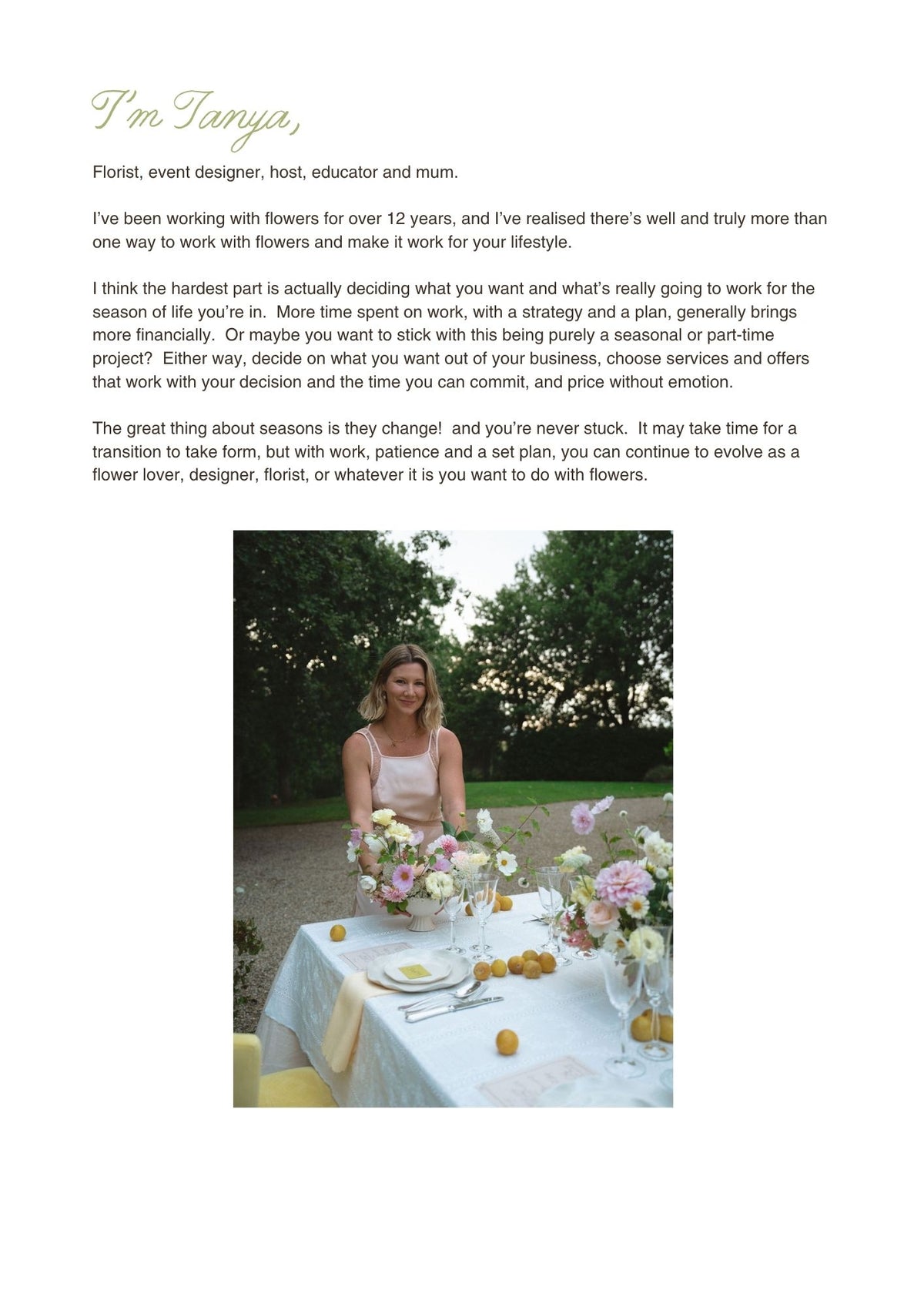 A printed informational page with the heading 'I'm Tanya,' a paragraph of text, a small photo of a woman seated at a table with flowers, and a larger photo of a floral arrangement on a table in a real indoor setting.